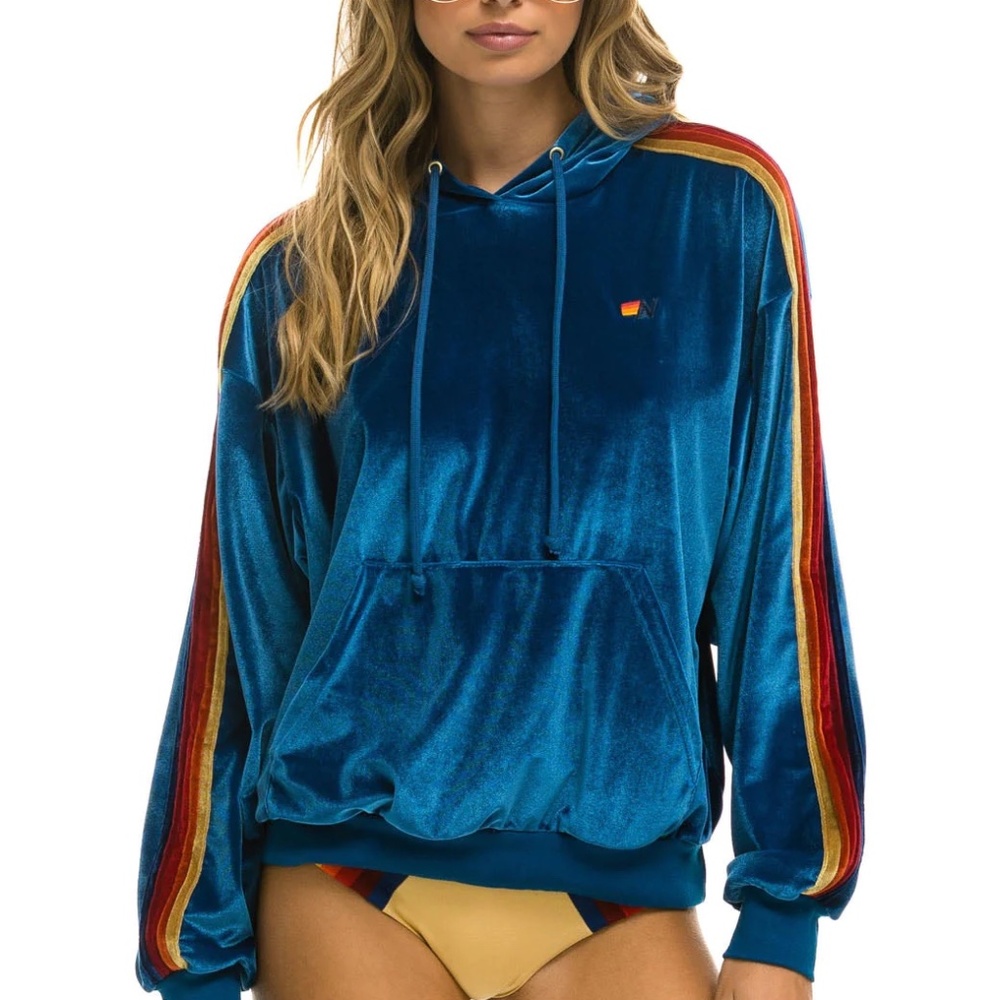 Aviator Nation Classic Velvet Relaxed Pullover Hoodie - Vintage Blue